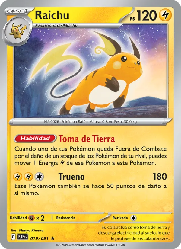 Carta Raichu de la expansión Destinos de Paldea, número 019/91