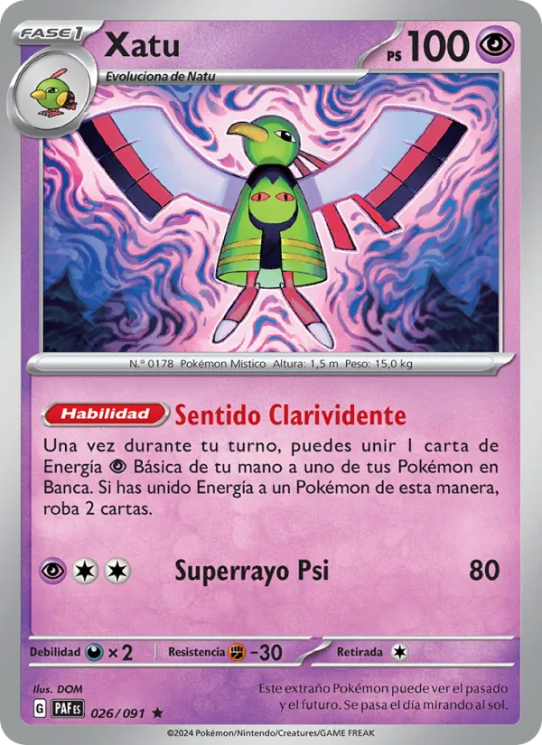 Carta Xatu de la expansión Destinos de Paldea, número 026/91