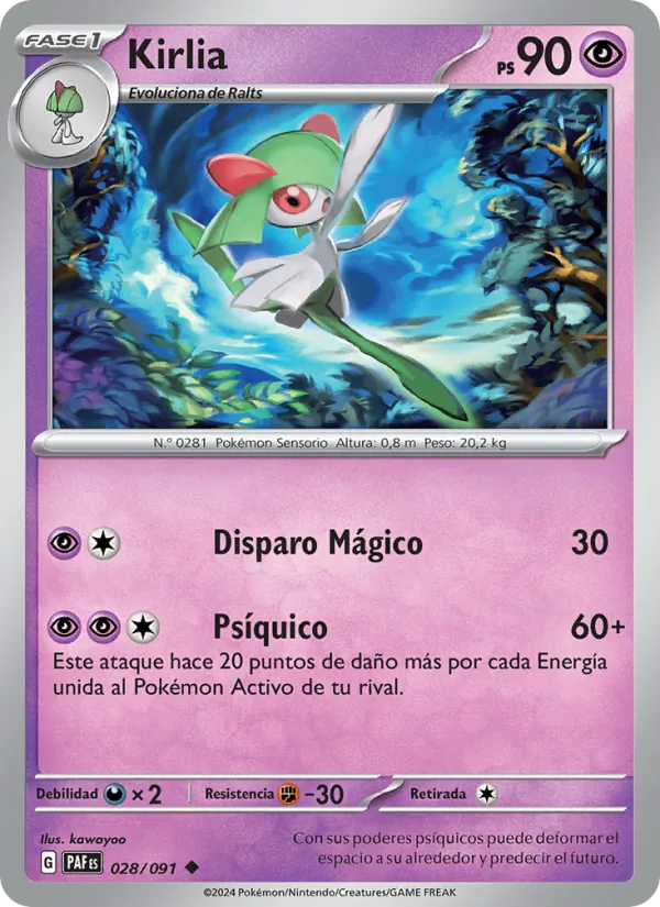 Carta Kirlia de la expansión Destinos de Paldea, número 028/91