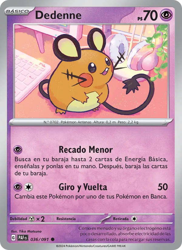 Carta Dedenne de la expansión Destinos de Paldea, número 036/91