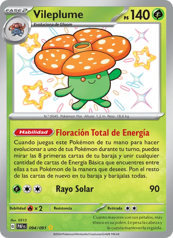 Carta Vileplume de la expansión Destinos de Paldea, número 094/91