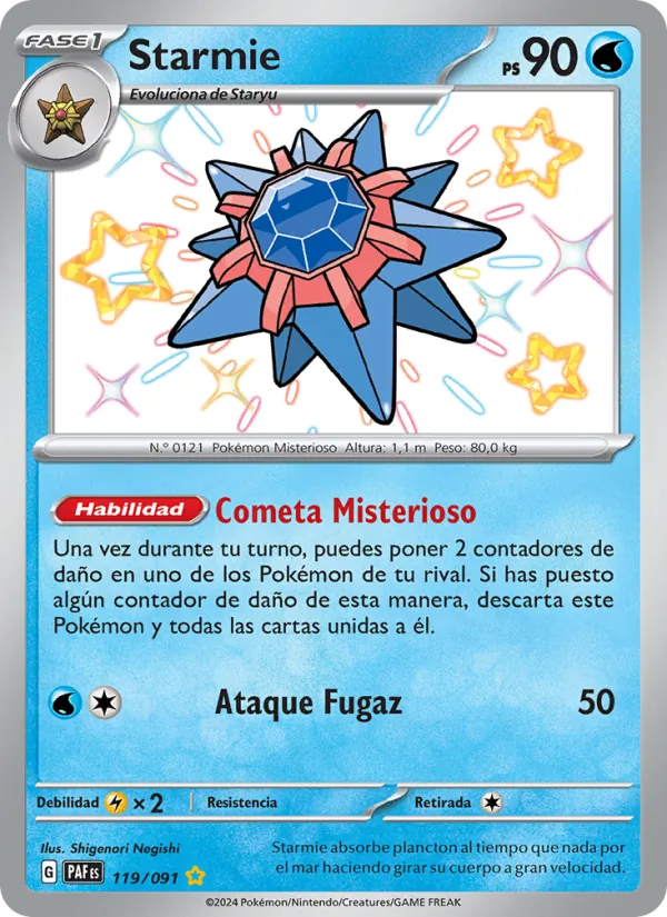 Carta Starmie de la expansión Destinos de Paldea, número 119/91