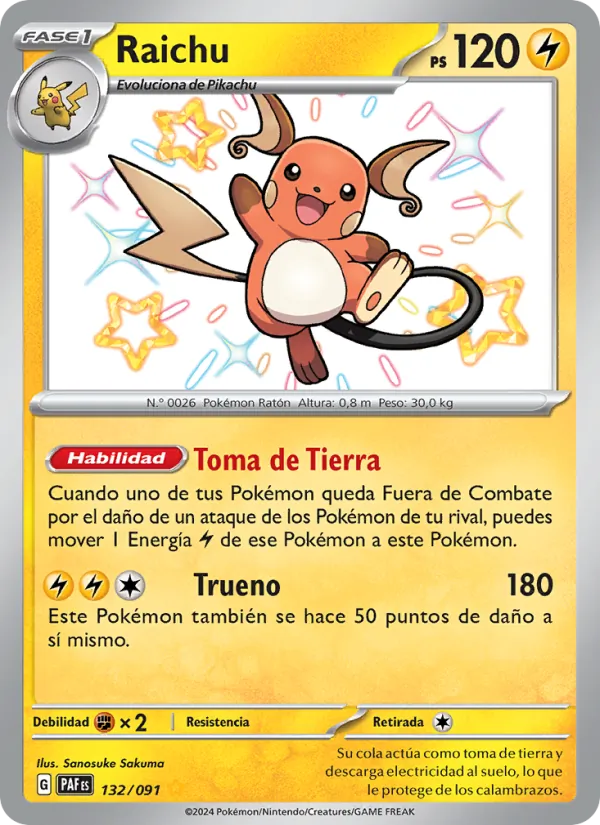 Carta Raichu de la expansión Destinos de Paldea, número 132/91