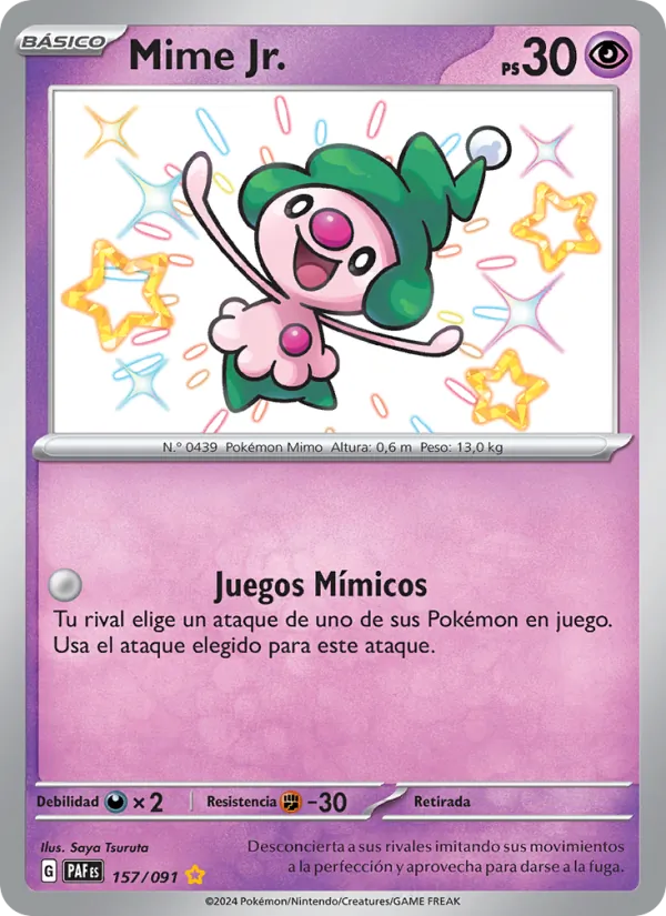 Carta Mime Jr. de la expansión Destinos de Paldea, número 157/91