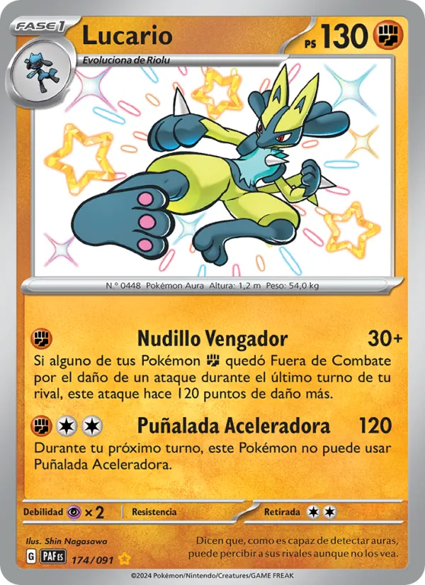 Carta Lucario de la expansión Destinos de Paldea, número 174/91