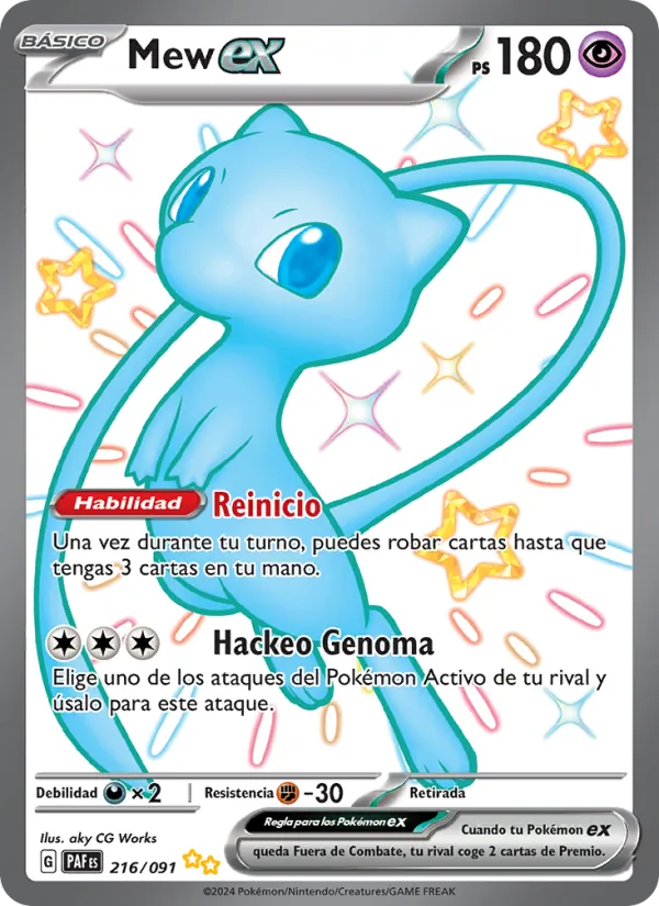 Carta Mew ex de la expansión Destinos de Paldea, número 216/91