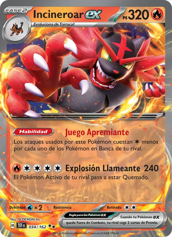Carta Incineroar ex de la expansión Fuerzas Temporales, número 034/162