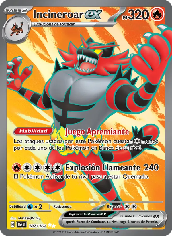 Carta Incineroar ex de la expansión Fuerzas Temporales, número 187/162