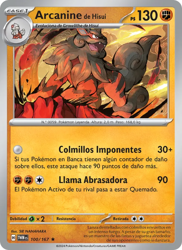 Carta Arcanine de Hisui de la expansión Mascarada Crepuscular, número 100/167