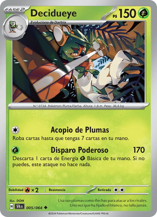 Carta Decidueye de la expansión Fabula Sombría, número 005/64
