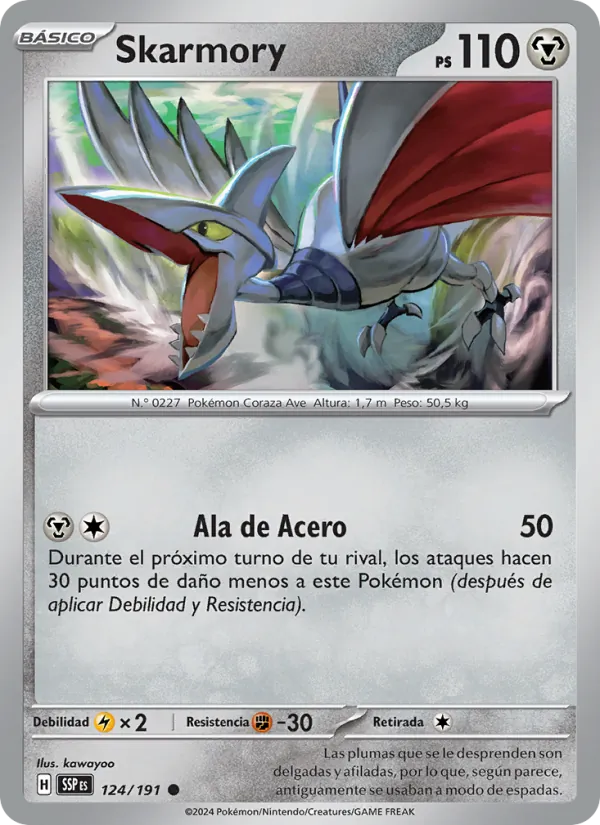Carta Skarmory de la expansión Chispas Fulgurantes, número 124/191