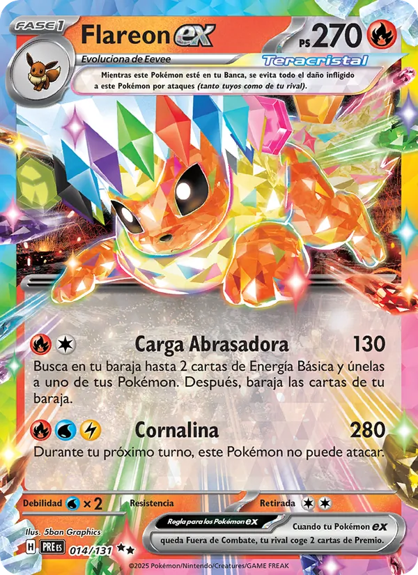 Carta Flareon ex de la expansión Evoluciones Prismáticas, número 014/131