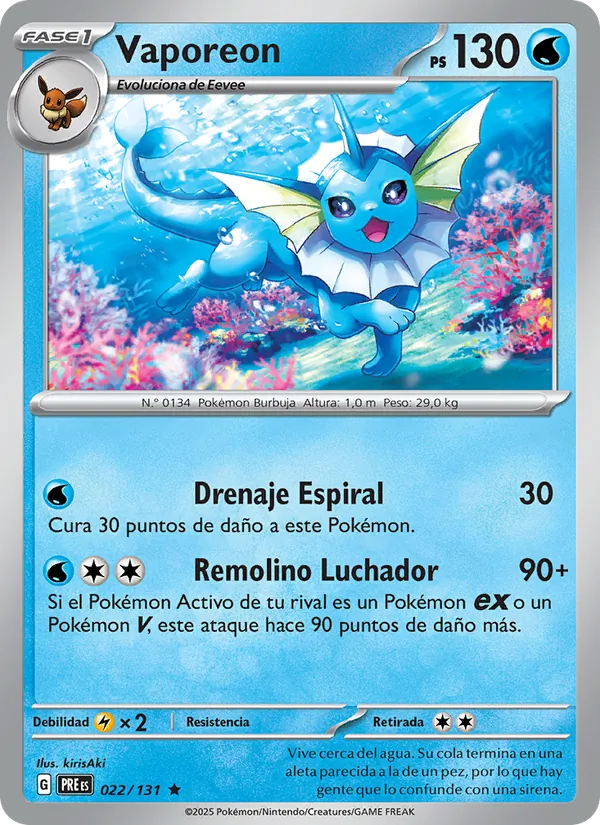 Carta Vaporeon de la expansión Evoluciones Prismáticas, número 022/131