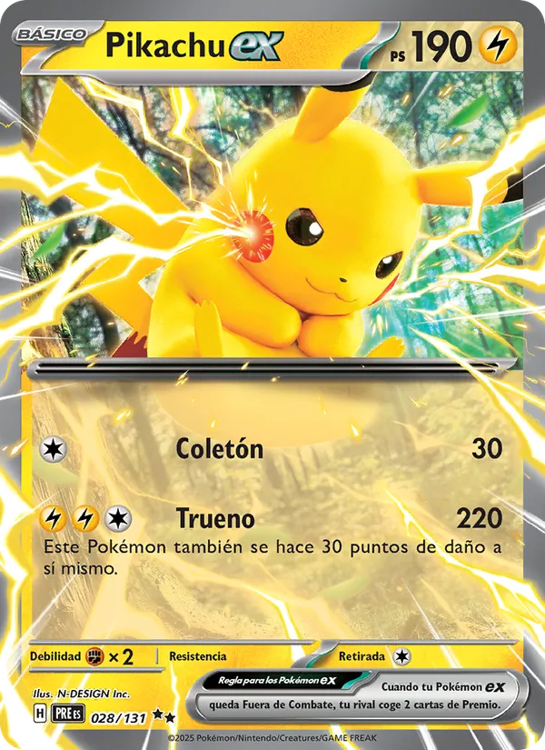 Carta Pikachu ex de la expansión Evoluciones Prismáticas, número 028/131