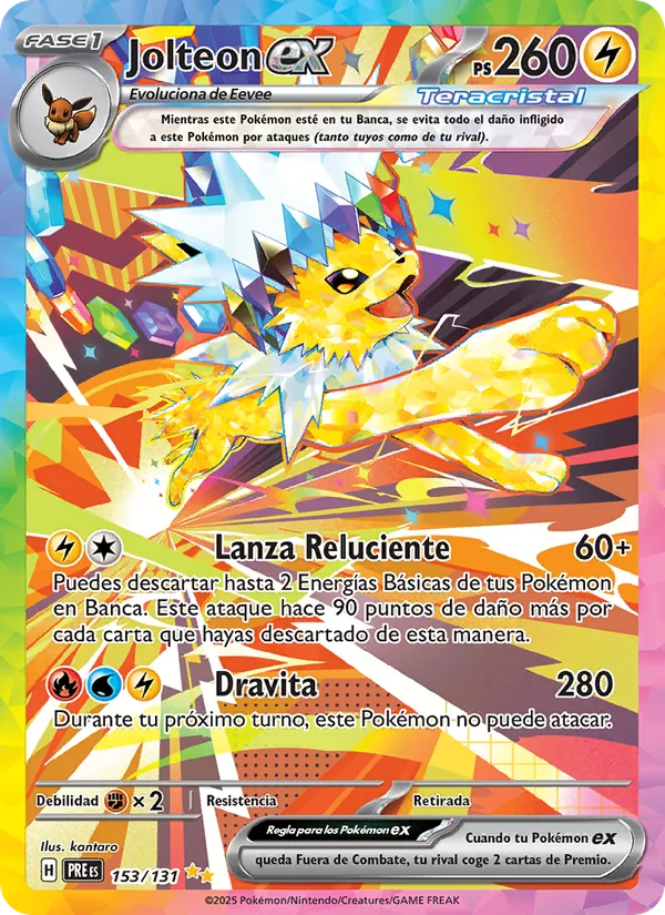 Carta Jolteon ex de la expansión Evoluciones Prismáticas, número 153/131