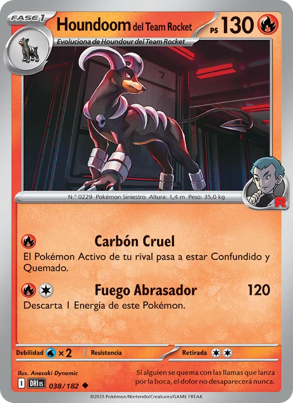 Carta Houndoom del Team Rocket de la expansión Rivales Predestinados, número 038/182