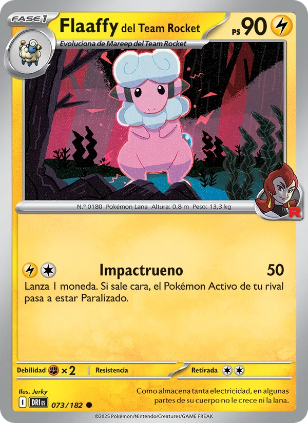 Carta Flaaffy del Team Rocket de la expansión Rivales Predestinados, número 073/182
