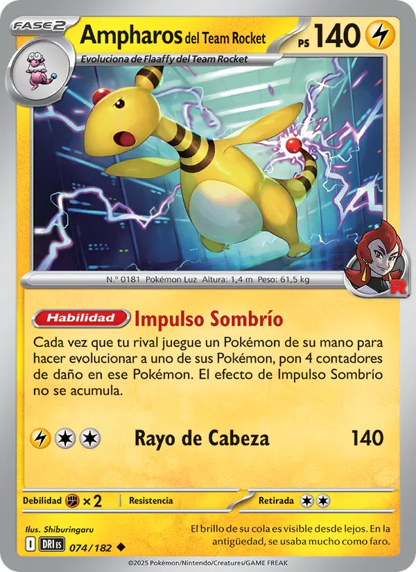 Carta Ampharos del Team Rocket de la expansión Rivales Predestinados, número 074/182