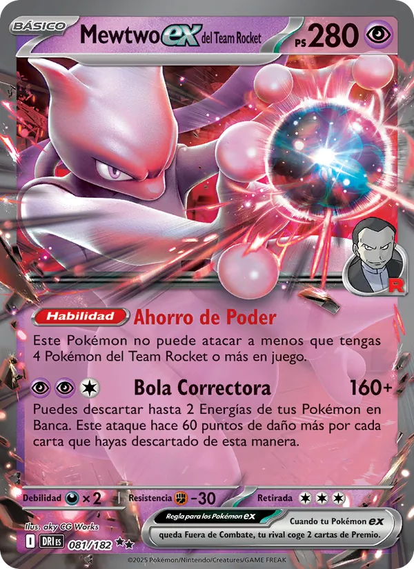 Carta Mewtwo ex del Team Rocket de la expansión Rivales Predestinados, número 081/182