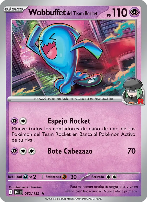 Carta Wobbuffet del Team Rocket de la expansión Rivales Predestinados, número 082/182