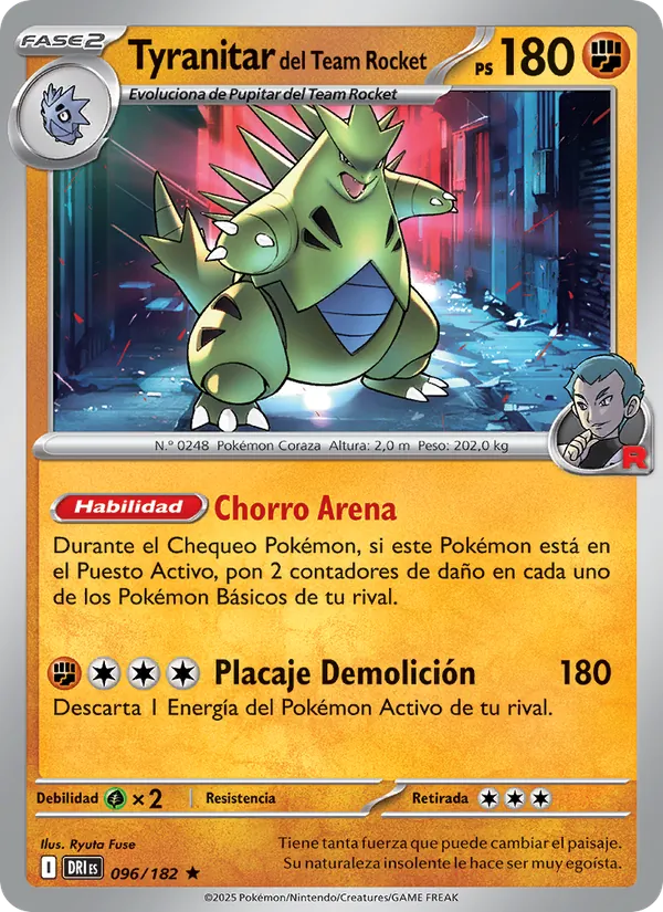 Carta Tyranitar del Team Rocket de la expansión Rivales Predestinados, número 096/182