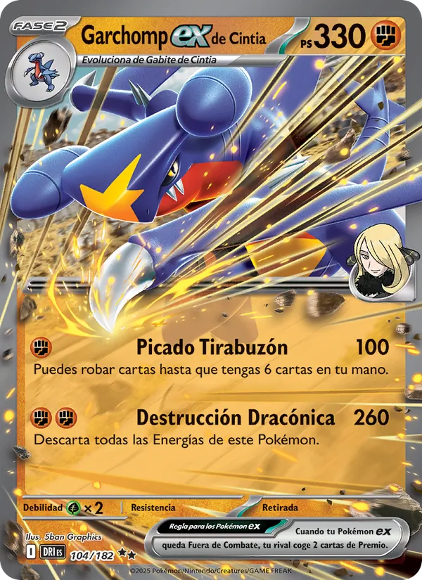 Carta Garchomp ex de Cintia de la expansión Rivales Predestinados, número 104/182