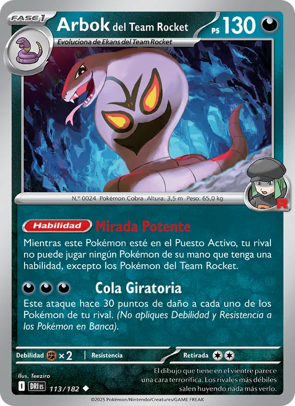 Carta Arbok del Team Rocket de la expansión Rivales Predestinados, número 113/182