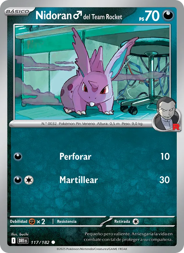 Carta Nidoran♂ del Team Rocket de la expansión Rivales Predestinados, número 117/182