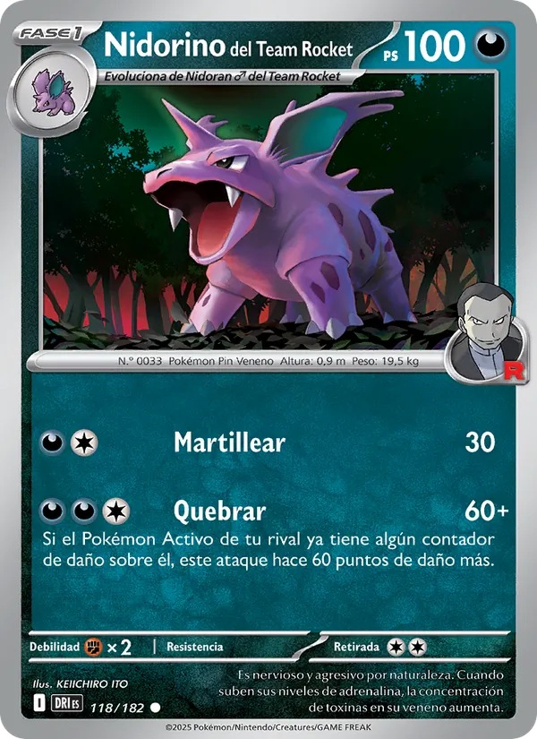 Carta Nidorino del Team Rocket de la expansión Rivales Predestinados, número 118/182