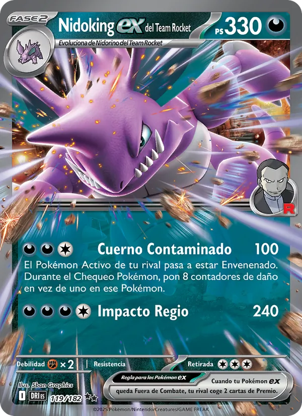 Carta Nidoking ex del Team Rocket de la expansión Rivales Predestinados, número 119/182