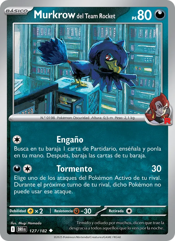 Carta Murkrow del Team Rocket de la expansión Rivales Predestinados, número 127/182