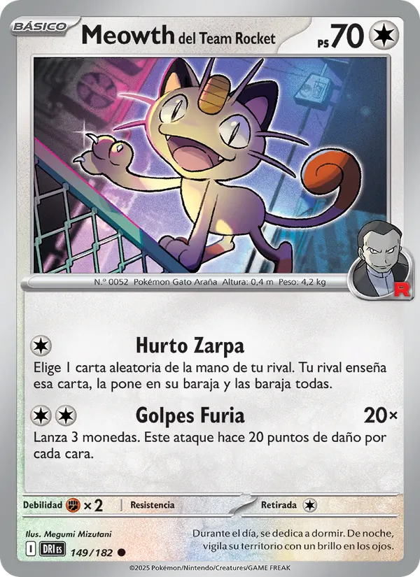 Carta Meowth del Team Rocket de la expansión Rivales Predestinados, número 149/182