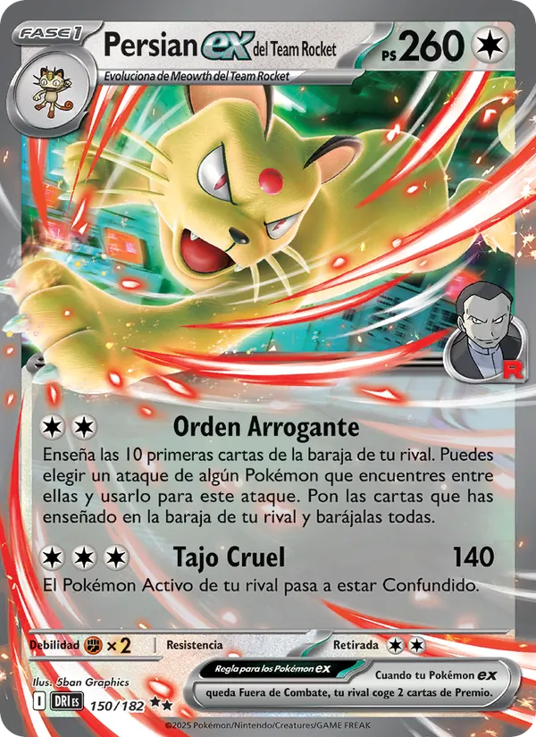 Carta Persian ex del Team Rocket de la expansión Rivales Predestinados, número 150/182