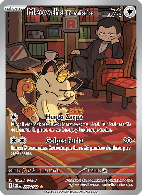 Carta Meowth del Team Rocket de la expansión Rivales Predestinados, número 203/182