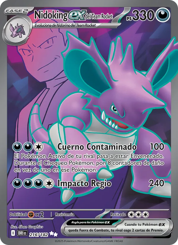 Carta Nidoking ex del Team Rocket de la expansión Rivales Predestinados, número 216/182
