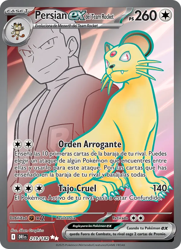Carta Persian ex del Team Rocket de la expansión Rivales Predestinados, número 219/182