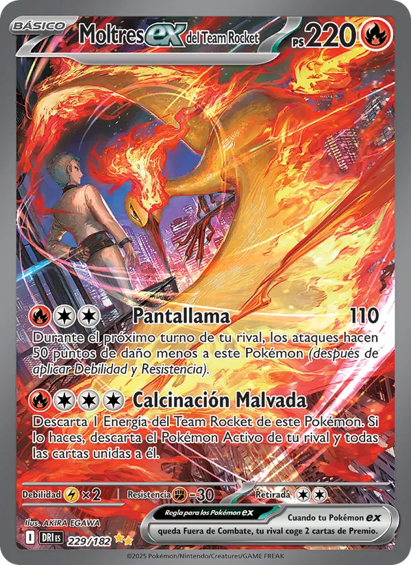 Carta Moltres ex del Team Rocket de la expansión Rivales Predestinados, número 229/182
