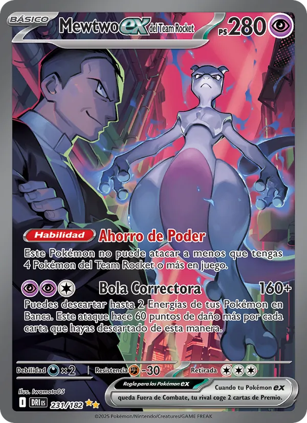 Carta Mewtwo ex del Team Rocket de la expansión Rivales Predestinados, número 231/182