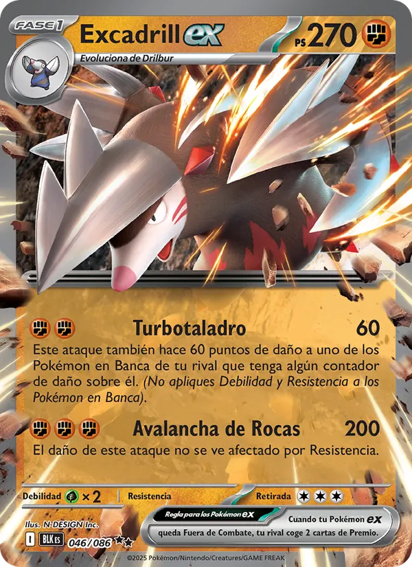 Carta Excadrill ex de la expansión Fulgor Negro, número 046/86