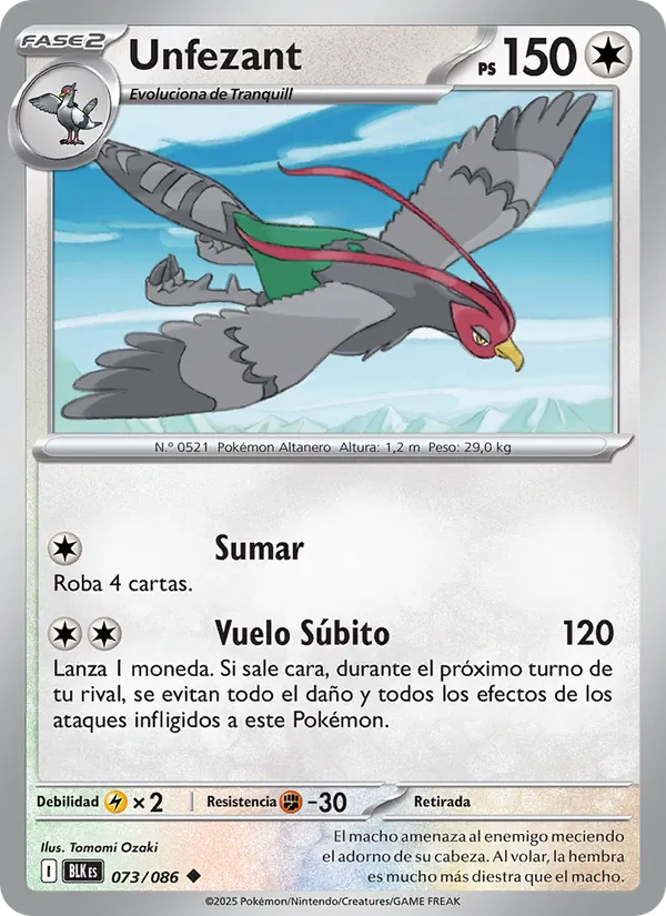 Carta Unfezant de la expansión Fulgor Negro, número 073/86