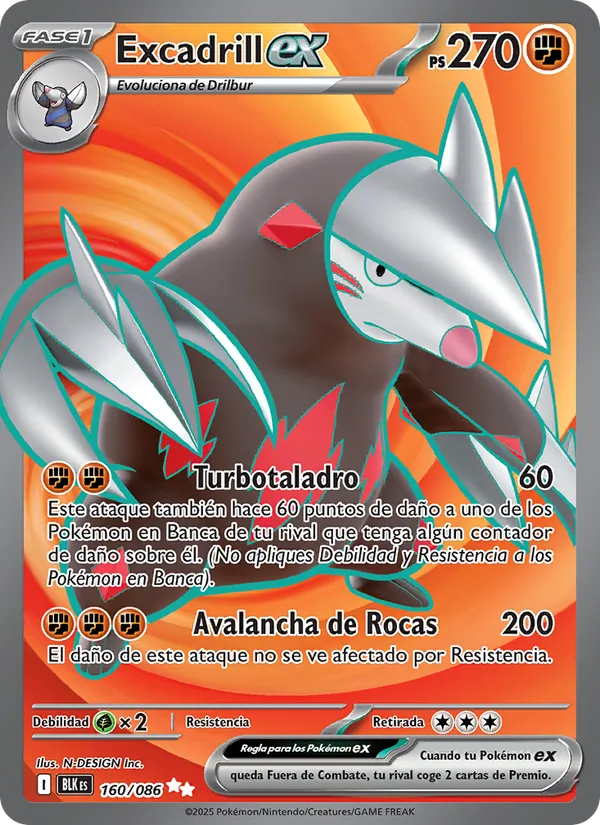 Carta Excadrill ex de la expansión Fulgor Negro, número 160/86