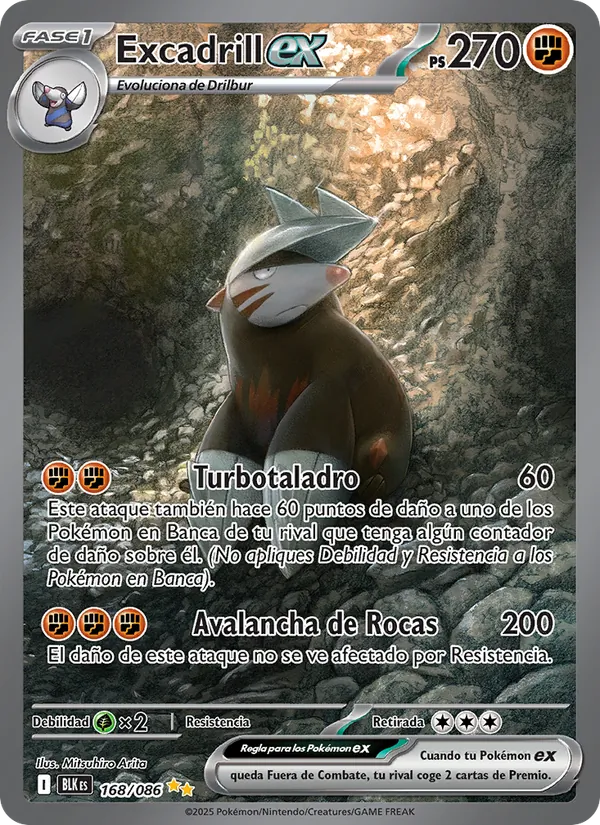 Carta Excadrill ex de la expansión Fulgor Negro, número 168/86