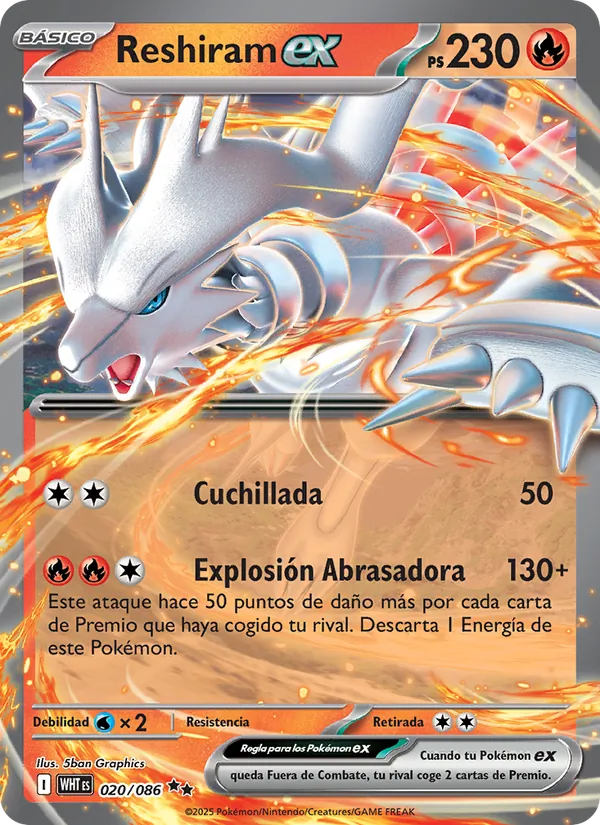Carta Reshiram ex de la expansión Llama Blanca, número 020/86