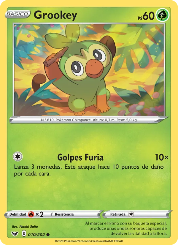 Carta Grookey de la expansión Espada y Escudo, número 10/202