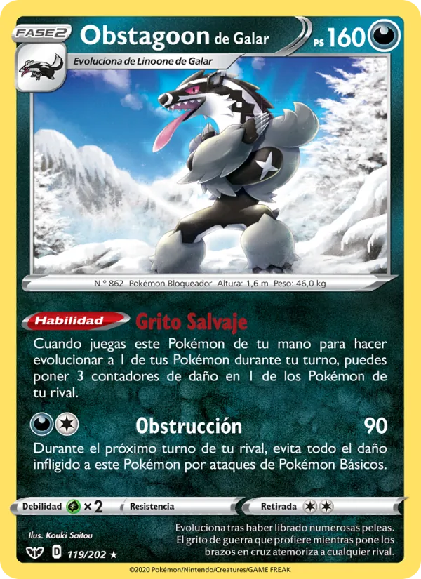 Carta Obstagoon de Galar de la expansión Espada y Escudo, número 119/202