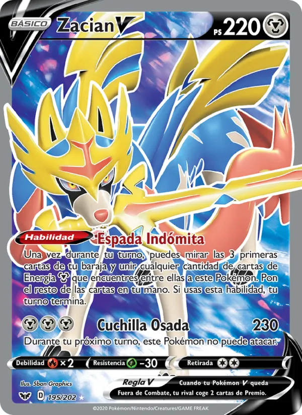 Carta Zacian V de la expansión Espada y Escudo, número 195/202