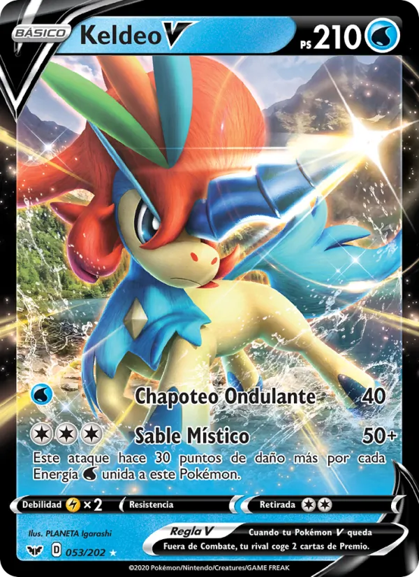 Carta Keldeo V de la expansión Espada y Escudo, número 53/202
