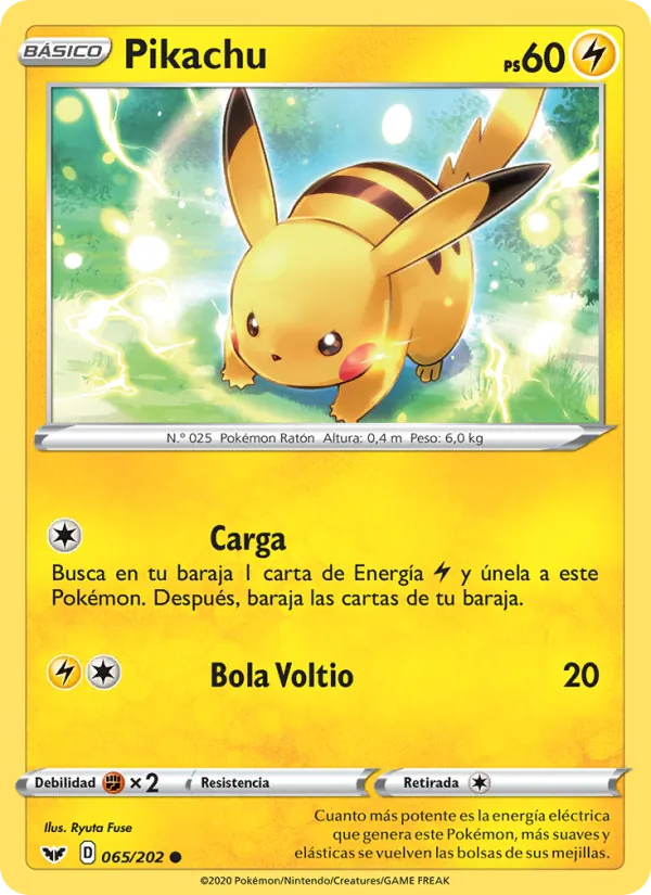 Carta Pikachu de la expansión Espada y Escudo, número 65/202