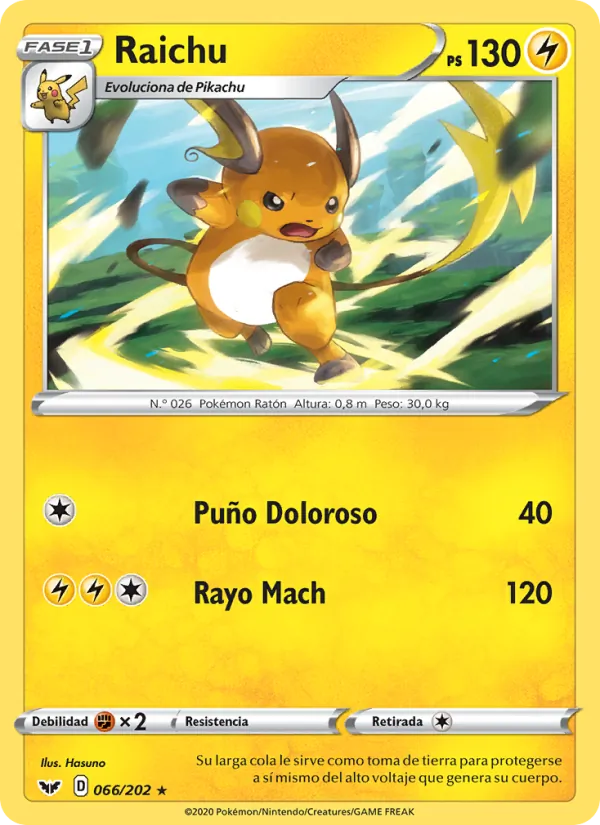 Carta Raichu de la expansión Espada y Escudo, número 66/202