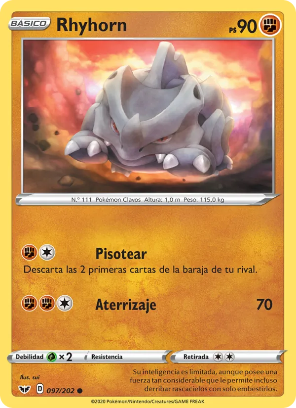 Carta Rhyhorn de la expansión Espada y Escudo, número 97/202